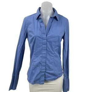 MODA International Women's Blue Slim Long Sleeve V Neck Button Down Shirt Top M